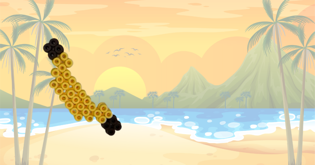 Modèle de banane en perles à repasser sur un fond représentant une plage tropicale avec ses palmiers