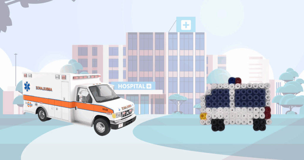 Ambulance en perles à repasser à coté d’une photo d’une vraie ambulance sur un fond représentant un hopital.
