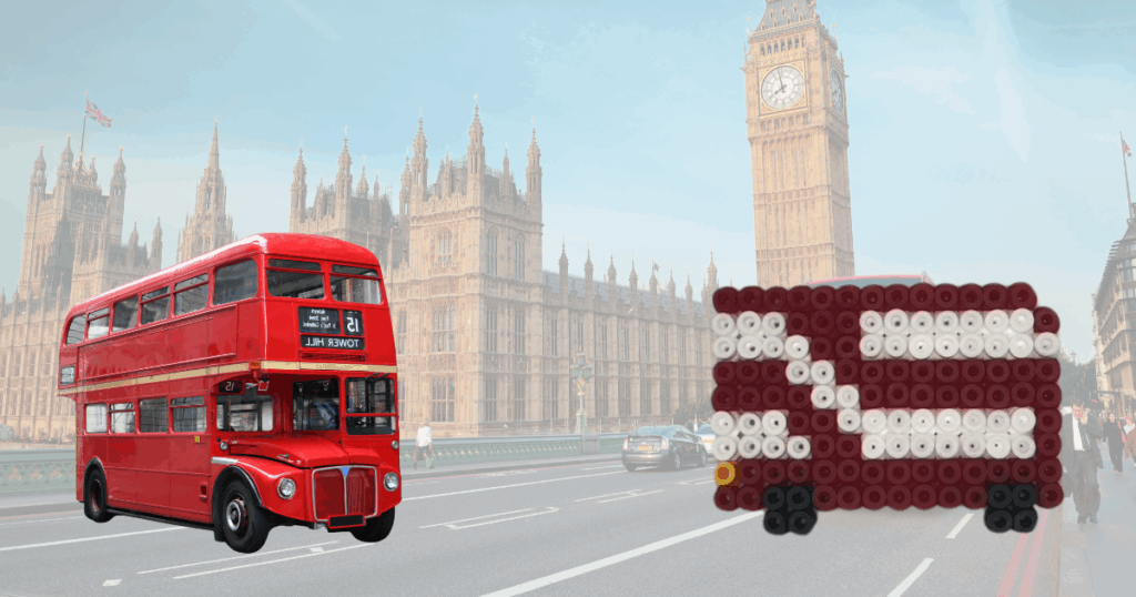 Aperçu du modèle de perles à repasser le bus londonien avec un une photo d’un vrai bus de Londres sur un fond typique de l’Angleterre. On peut y voir le Big Ben et le Palais de Westminster.