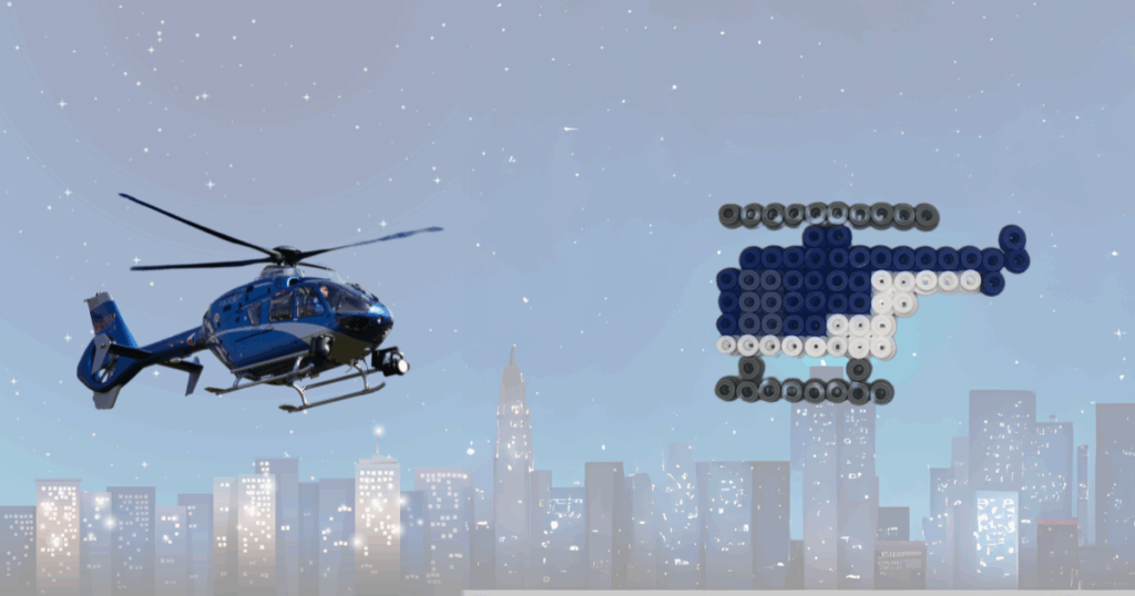 Hélicoptère de la gendarmerie en perles à repasser à coté d’une photo d’un vrai hélicoptère bleue de gendarmerie. Ils sont tous les deux dans le ciel
